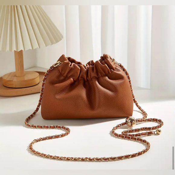 Pleated Leather Crossbody Bag w/ Gold Adjustable Chain - Picture 3 of 4